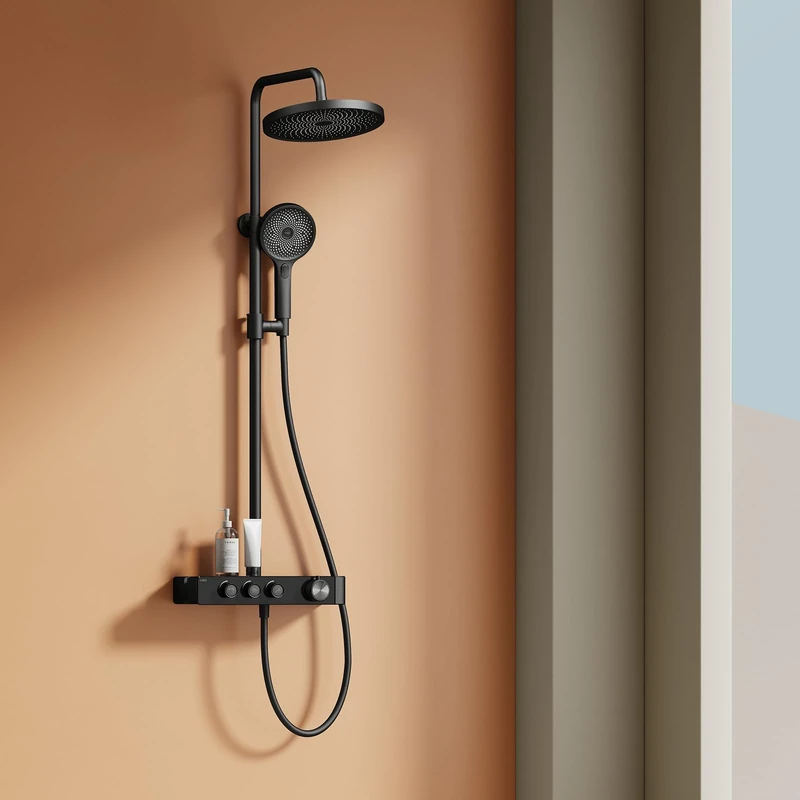EMKE Thermostatic Shower Column, 3 Function, Hand Shower, Large 260mm Shower Head, Water Flow Adjustment, 355 x 400 x 1100 mm, Matte Black