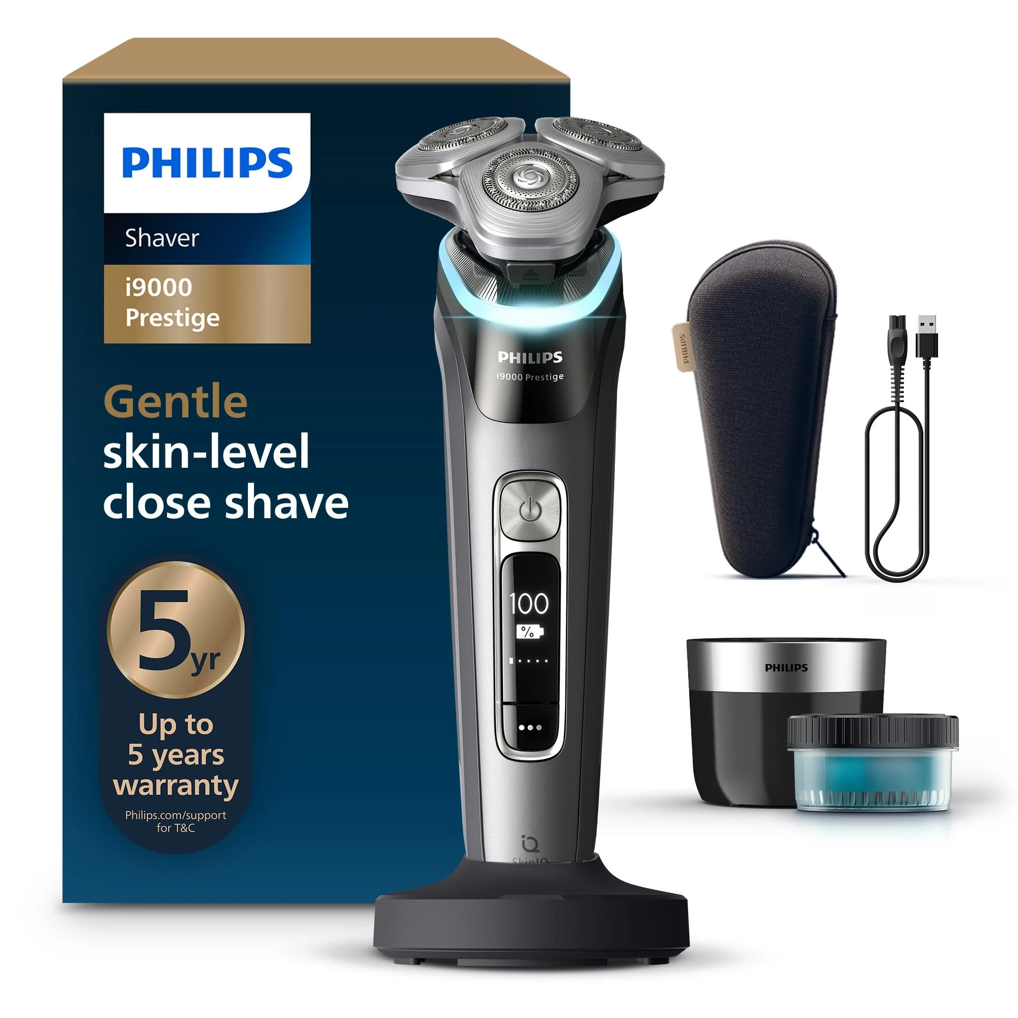 Philips Shaver i9000 Prestige, Wet & Dry Electric Shaver, Dark Slate, with Skin IQ Technology, Triple Lift & Cut System, 360 Rotating Dual SteelPrecision Blades, Quick Clean Pod, Model XP9202/30