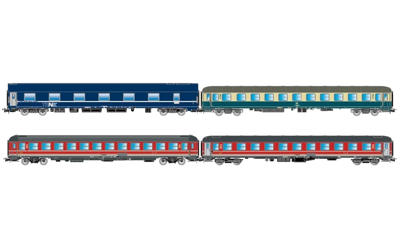 Rivarossi HR4374 FS/DB/NS, 4-unit pack 1 "Italien-Holland-Express, NS WLABm MU TEN, DB Bcm 243 blue-beige, FS UIC-X 2nd cl. red-grey + FS UIC-X '68 couchette red-grey, ep. V Passenger Coaches