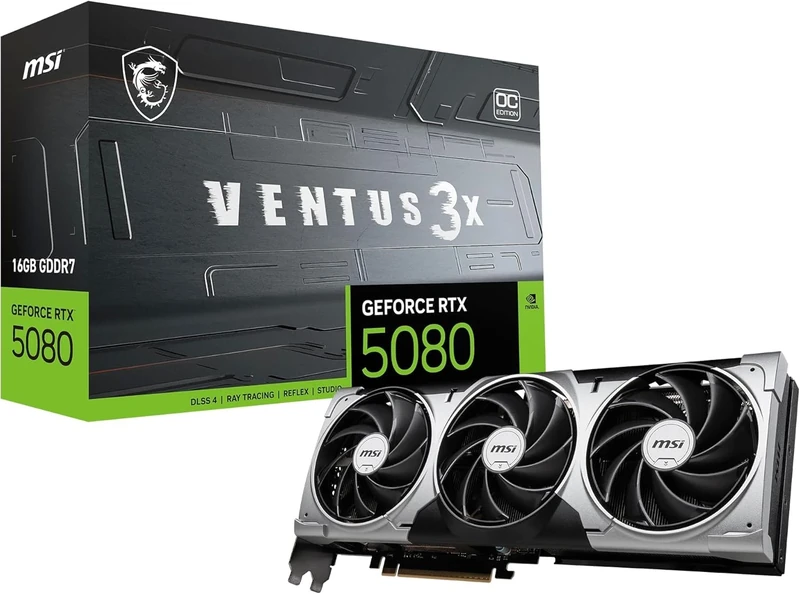 MSI NVIDIA GeForce RTX 5080 16G VENTUS 3X OC Carte Graphique - 16 Go GDDR7 (30 GB/s /256 Bits), PCIe 5.0 - Triple Ventilateur (3X Ventilateurs TORX 5.0), HDMI 2.1b, DisplayPort 2.1b