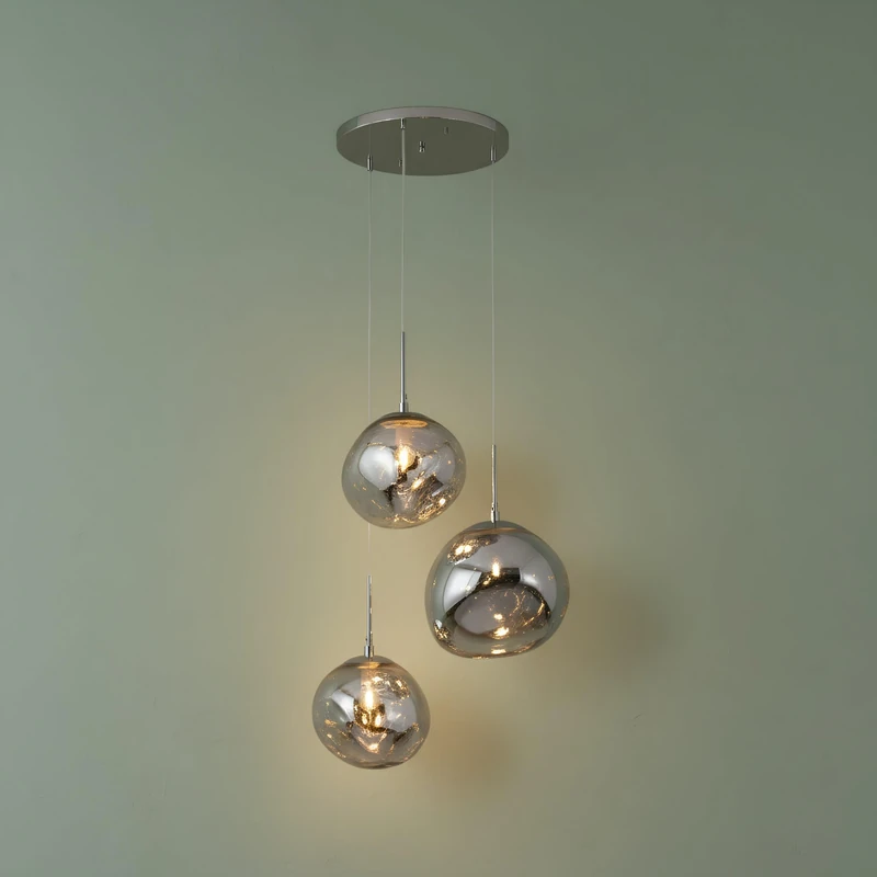 Barcelona LED Triple Pendant Light Chrome Glass "KADNIS" – 3 x E27 Socket, Ø60 mm, Modern Pendant Light Ideal for Living Room, Dining Room, Kitchen. - Image 1