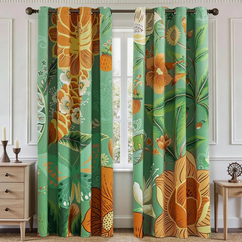 Tyrot Green Boho Floral 100% Blackout Curtains for Bedroom, 52x96