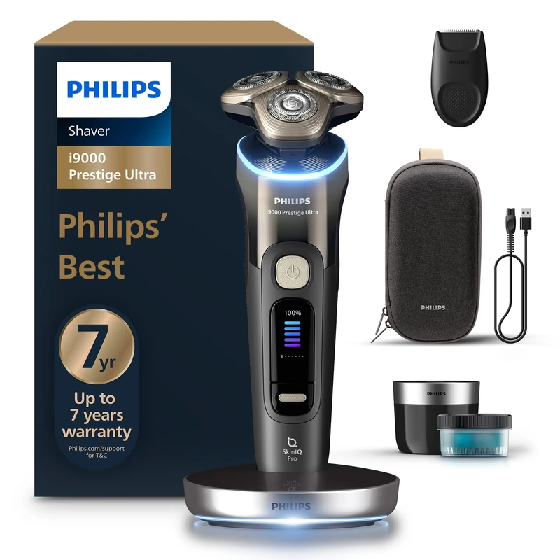 Philips Shaver i9000 Prestige Ultra, Wet & Dry Electric Shaver, Black, with Skin IQ Pro Technology, Triple Lift & Cut System, 360 Rotating NanoTech Precision Blades, 5 Shaving Modes, Model XP9405/31