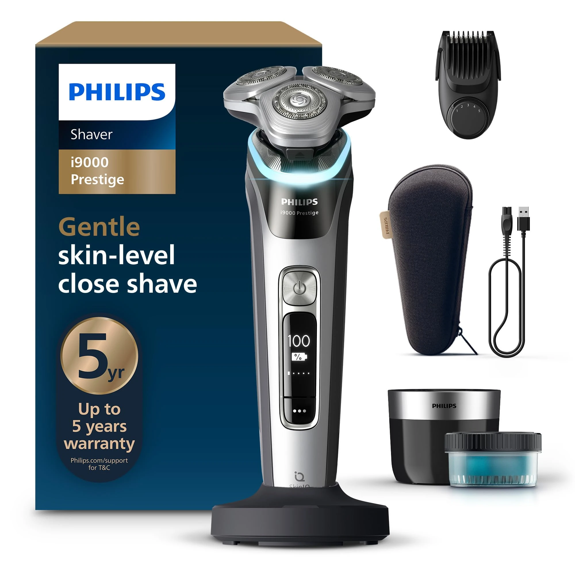 Philips Shaver i9000 Prestige, Wet & Dry Electric Shaver, Dark Slate Nova, with Skin IQ Technology, Triple Lift & Cut System, 360 Rotating Dual SteelPrecision Blades, Beard Styler, Model XP9204/33
