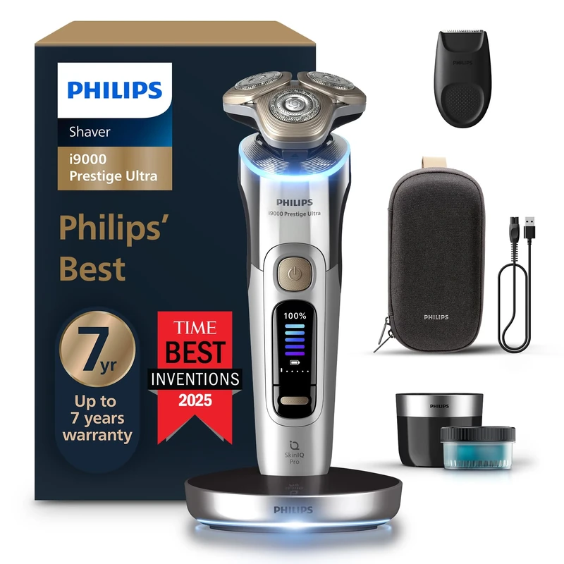 Philips Shaver i9000 Prestige Ultra, Wet & Dry Electric Shaver, Chrome, Skin IQ Pro Technology, Triple Lift & Cut System, 360 Rotating NanoTech Precision Blades, 5 Shaving Modes, Model XP9404/31