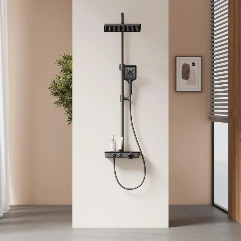 EMKE Thermostatic Shower Column with Rain Shower and Manual Shower, 1144 x 303 x 460 mm, Matte Anthracite, Shower Set with Glass Shelf, Height Adjustable 812-1140 mm, 3 in 1 Function