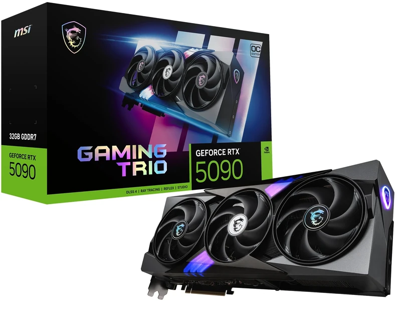 MSI GeForce RTX 5090 32G GAMING TRIO OC Graphics Card - RTX 5090 GPU, 32GB GDDR7 (28Gbps/512-bit), PCIe 5.0 - TRI FROZR 4 (3 x STORMFORCE Fan), Gaming & Silent mode - HDMI 2.1b, DisplayPort 2.1b