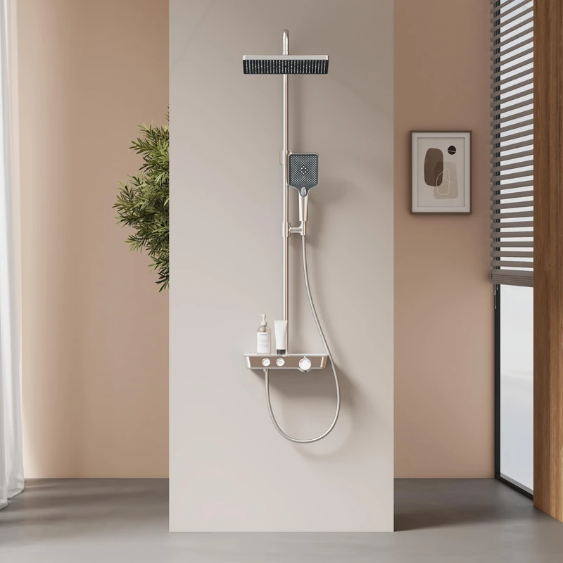 EMKE Thermostatic Shower Column with Rain Shower and Manual Shower, 1142x303x460 mm, Chrome, Shower Set with Glass Shelf, Height Adjustable 812-1140 mm, 3 in 1 Function