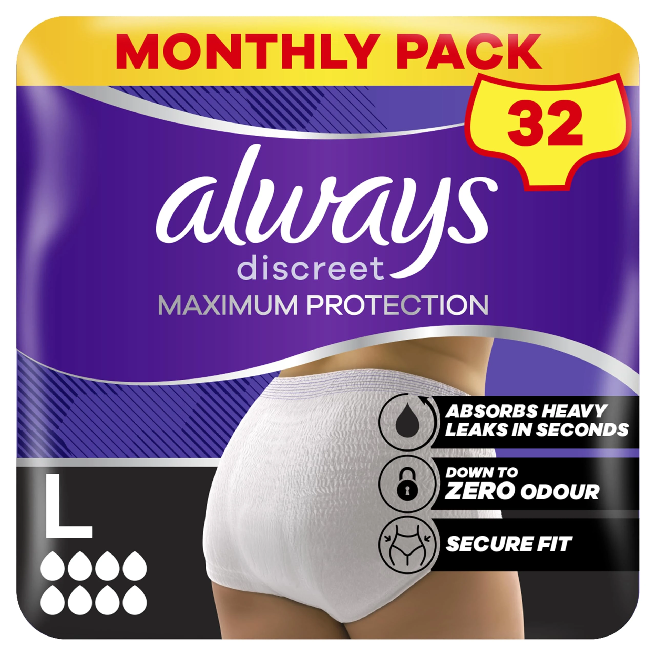 Always Discreet Maximum Protection Incontinence Pants | Secure, Curve-Hugging Fit | Size Large (UK 16-24), 32 Count (4 Packs of 8)