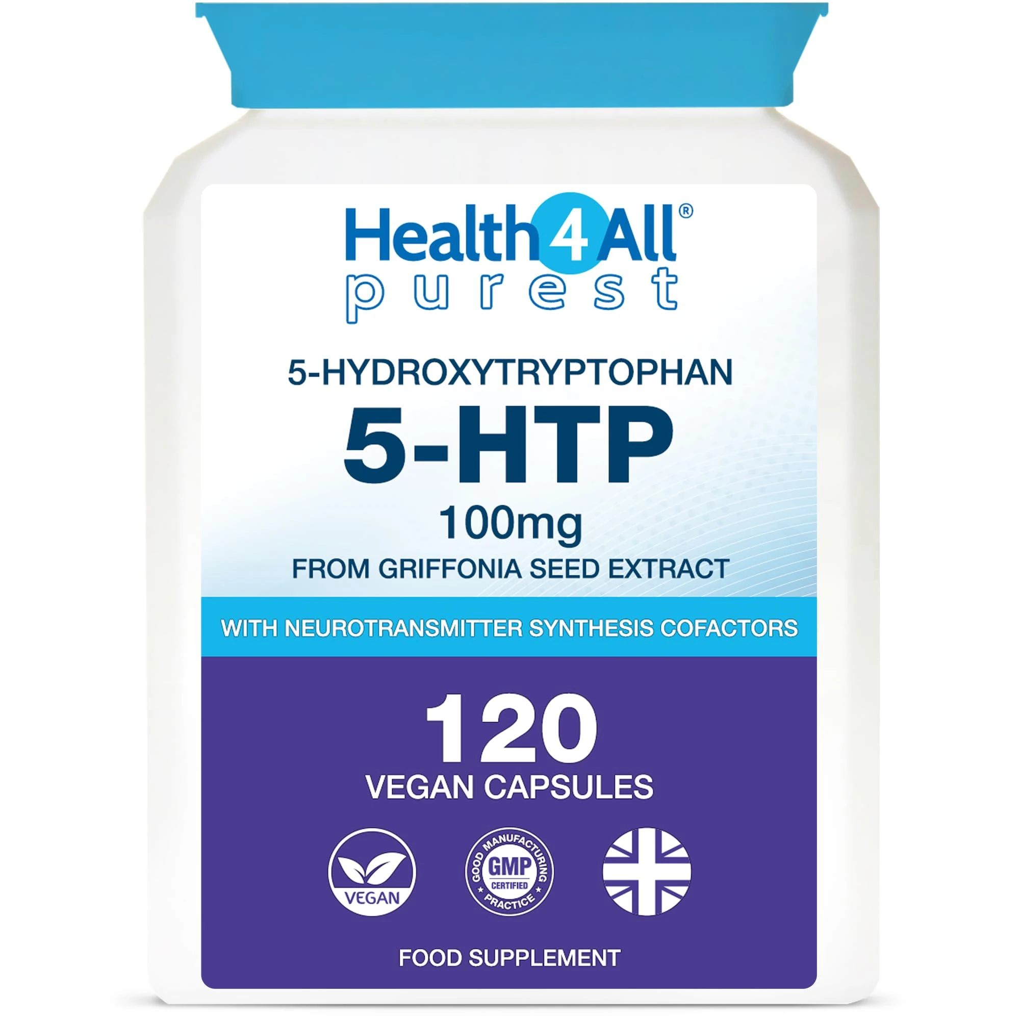 Health4All 5-HTP Supplement 100mg per Capsule 4-Month Supply 120 Capsules High Strength 5 HTP from Griffonia Seed Extract with Serotonin and Melatonin Conversion Precursors for Mood and Sleep Support