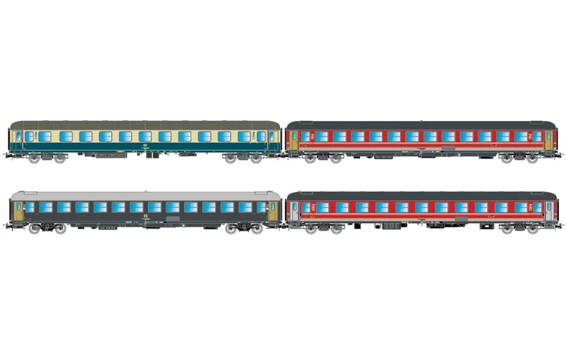 Rivarossi HR4375 FS/DB, 4-unit pack 2 "Italien-Holland-Express, DB Bcm 243 blue/beige, FS UIC-X 2nd cl. red/grey, FS UIC-X 2nd cl. grey + FS UIC-X '68 couchette red/, ep. V Passenger Coaches