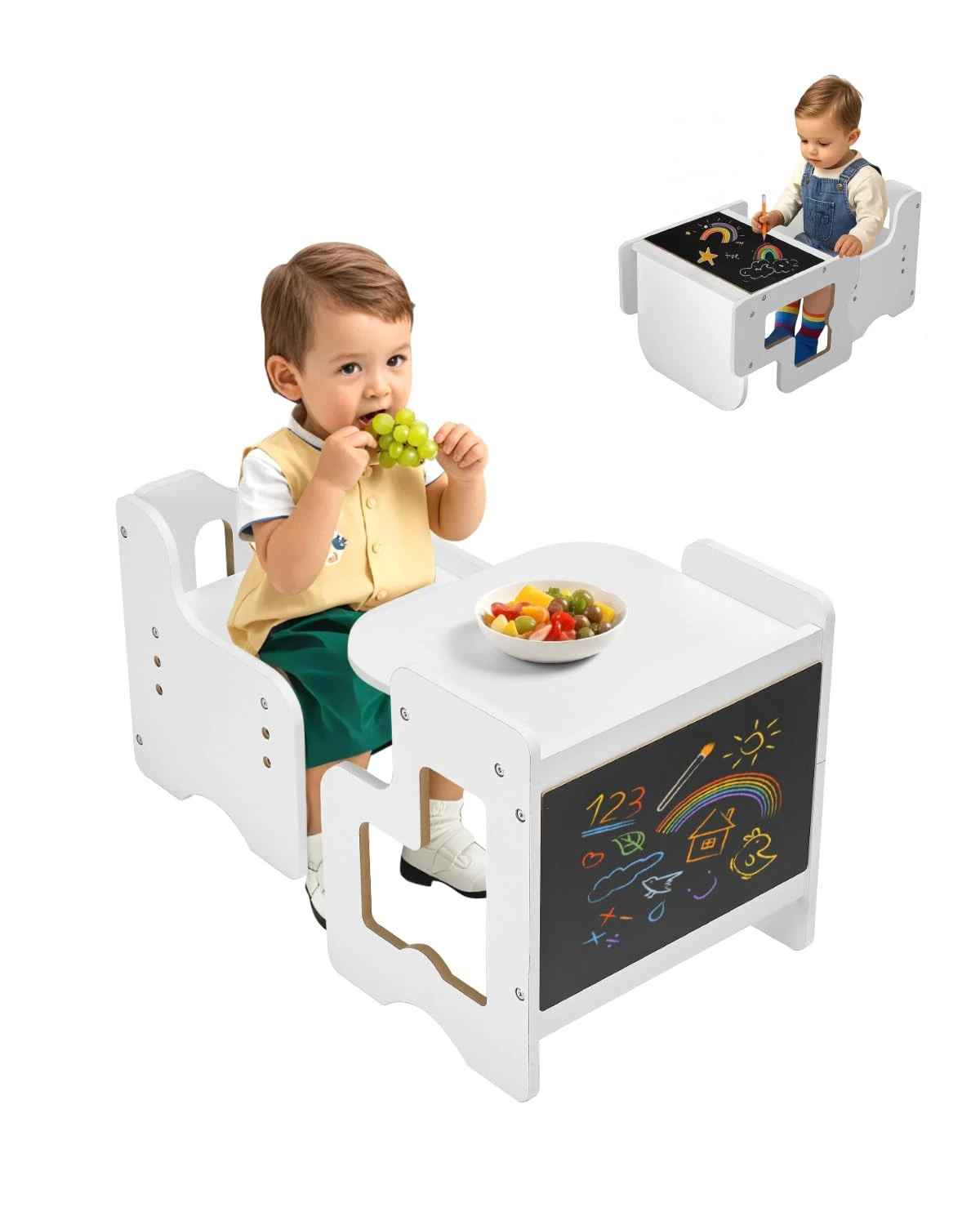 VEVOR Montessori Weaning Table and Chair Set, 3 In 1 Wooden Toddler Table and Chairs with Chalkboard, Adjustable Height Montessori Table for Ages 1-5, Ideal for Drawing, Reading, Eating - White