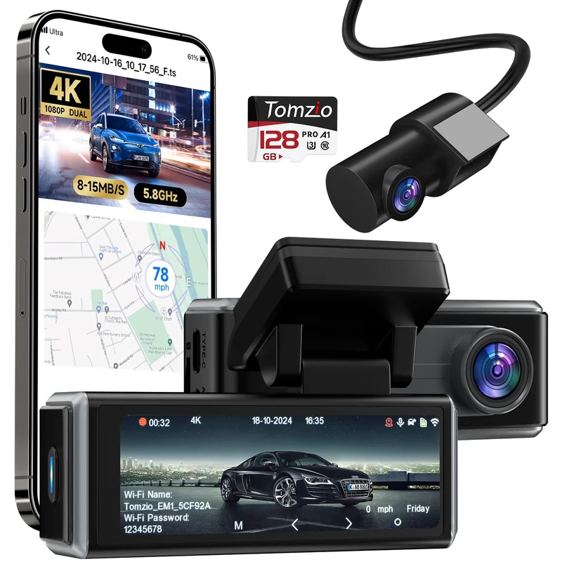 Tomzio Dash Cam Front and Rear Camera 4K,Free 128GB Card,Built-in GPS 5.8GHz WiFi up to 8-15MB/s Fastest Download Speed,Dual Dash Cam for Cars,3.2" IPS Screen,24H Parking Monitor,WDR,ADAS