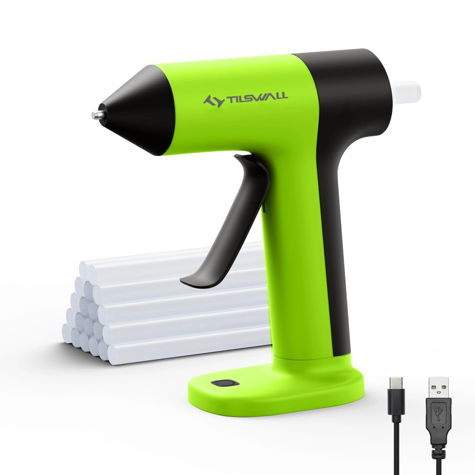 Tilswall 4V Cordless Hot Glue Gun, 2000mAh Type-C Rechargeable, Rapid 30s Preheat with 20 Glue Sticks, Ideal for DIY Crafts, Home Repairs, and Gift Making - Green