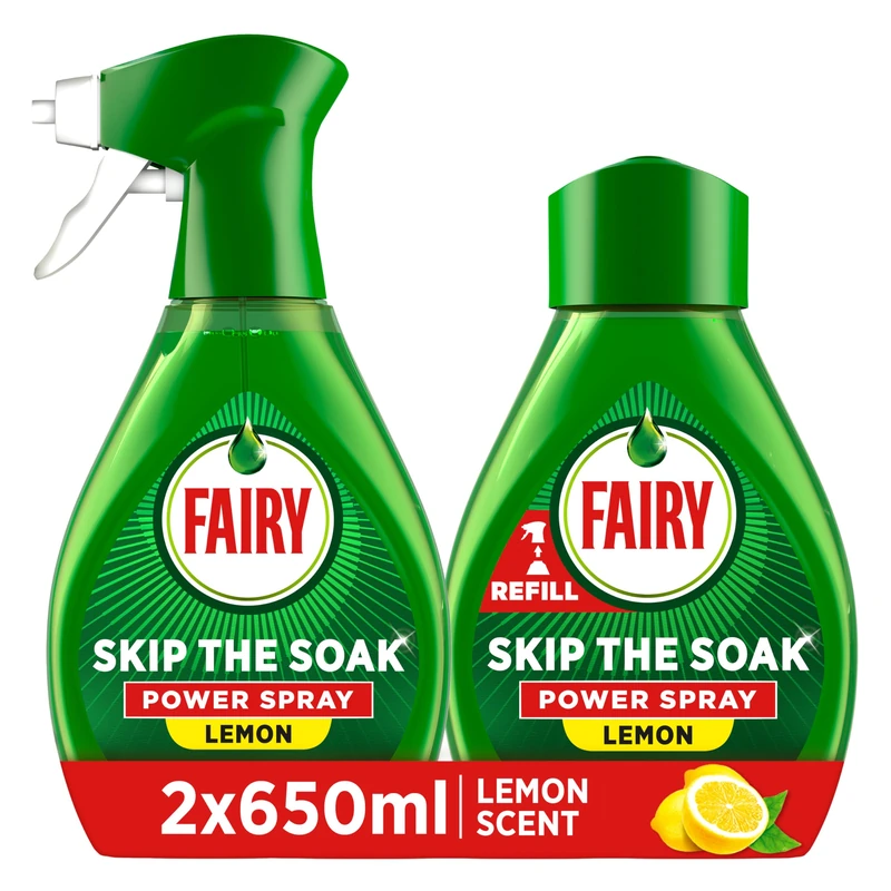 Fairy Skip the Soak Dish Spray Kit, Lemon, 1.3L (650ml Spray + 650ml Refill), 100% Grease Removal for Dishes & Surfaces