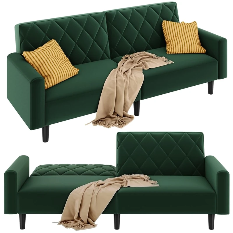 Yaheetech Velvet Sofa with Adjustable Backrest, Convertible Upholstered Loveseat with Sturdy Frame, Folding Couch for Living Room, Apartment, Home Office, Green