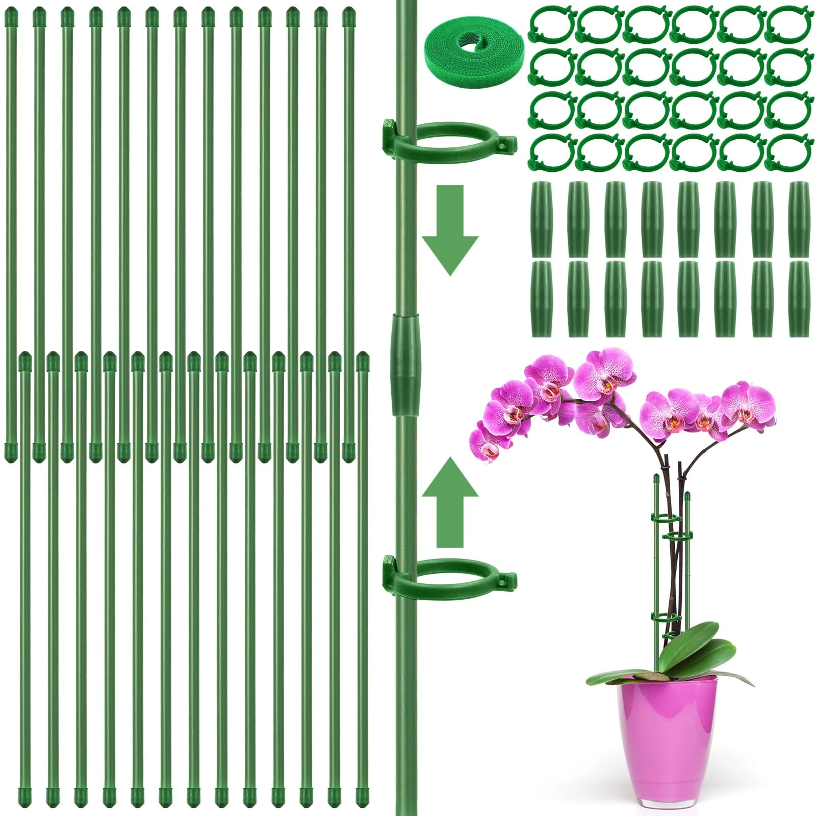 Nadinsta 26 Sets Adjustable Plant Support Stakes, 30cm Plant Sticks Support, Orchid Sticks with 26Pcs Plant Clips and 16Pcs Connect Pipes for Indoor and Outdoor Climbing Plants, Flowers