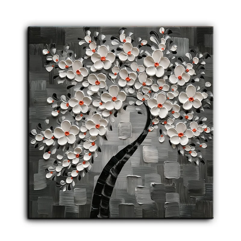 YaSheng Art- 3D White Flowers Oil Paintings on Canvas Thick Texture Black and White Canvas Wall Art HandPainted Abstract Artwork Home Decorations Modern bedroom Dining Room Wall Art Ready to Hang