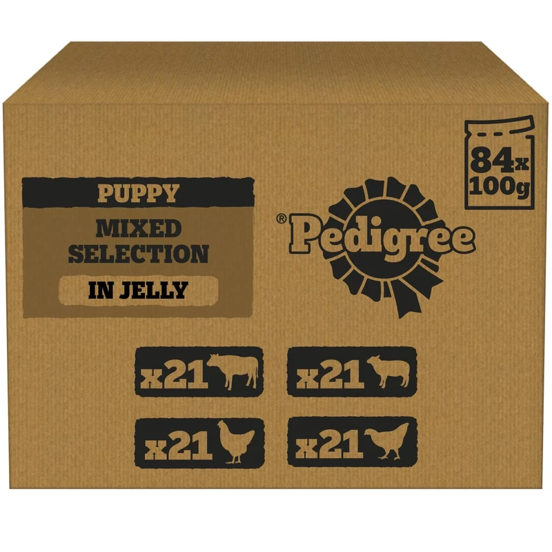 PEDIGREE Puppy Dog Food Pouches Chunks in Jelly, 84 x 100g Multipack, Four Flavours (with beef & liver, chicken, lamb & Liver, poultry and rice)