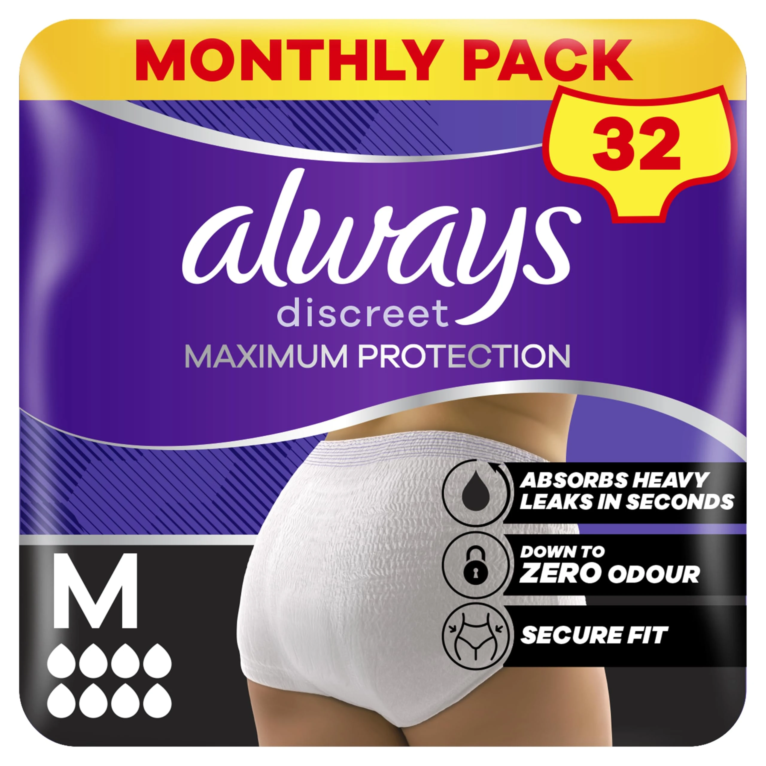 Always Discreet Maximum Protection Incontinence Pants | Secure, Curve-Hugging Fit | Size Medium (UK 10-16), 32 Count (4 Packs of 8)