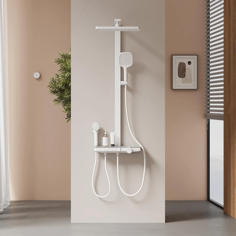 EMKE Thermostatic Shower Column, Hand Shower, Kids Shower, 360 mm, Large Rain Shower, 4 Water Outlets, Easy Installation, Matte White, 1050 x 600 x 409 mm