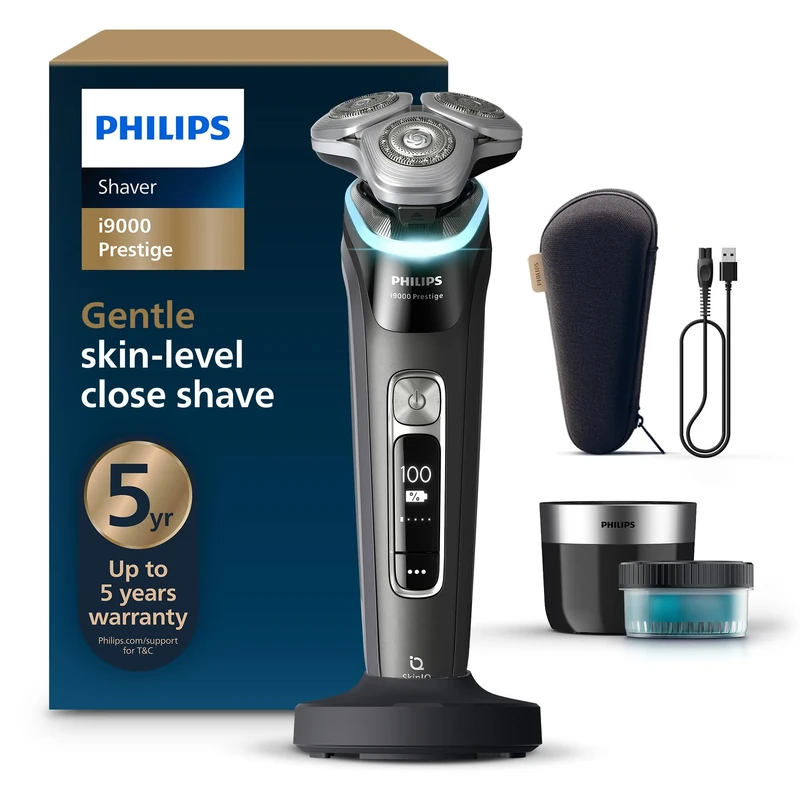 Philips Shaver i9000 Prestige, Wet & Dry Electric Shaver, Ink Black, with Skin IQ Technology, Triple Lift & Cut System, 360 Rotating Dual SteelPrecision Blades, Quick Clean Pod, Model XP9207/30