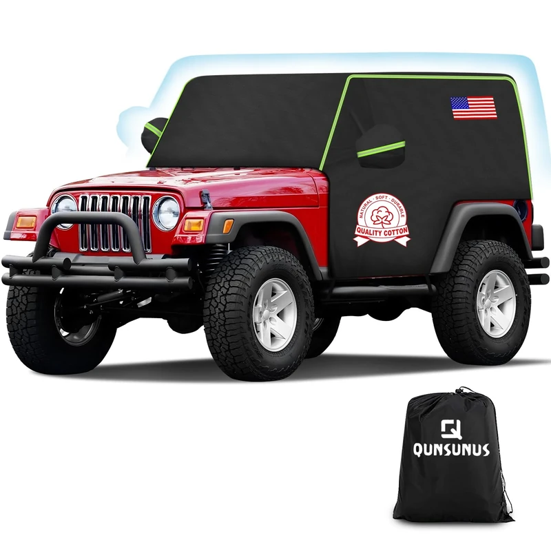 QUNSUNUS Cab Cover for Jeep YJ TJ 2 Door, Half Car Cover with Cotton Liner, All Weather Waterproof Rain Cover with Straps for Wind, Sun, UV and Dust Protection