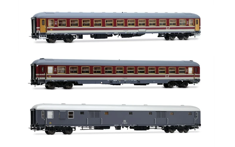 Rivarossi HR4362 FS, 3-unit pack Alpen-Express 2/2, 2x UIC-X 2nd class red/grey + luggage van UIC-X '70 grey, ep. IVb Passenger Coaches