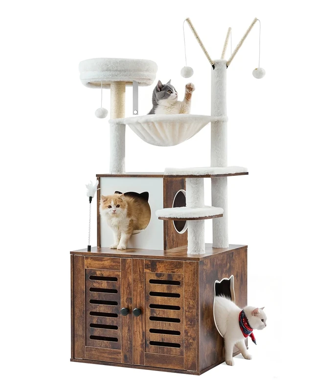 VEVOR Large Cat Tree with Litter Box Enclosure, 54.33 inches Tall, 2-in-1 Cat Tower, Multi-level Cat Condo Furniture with Perches, Sisal Scratching Posts, Hammock, Big Kittens House for Indoor Cats