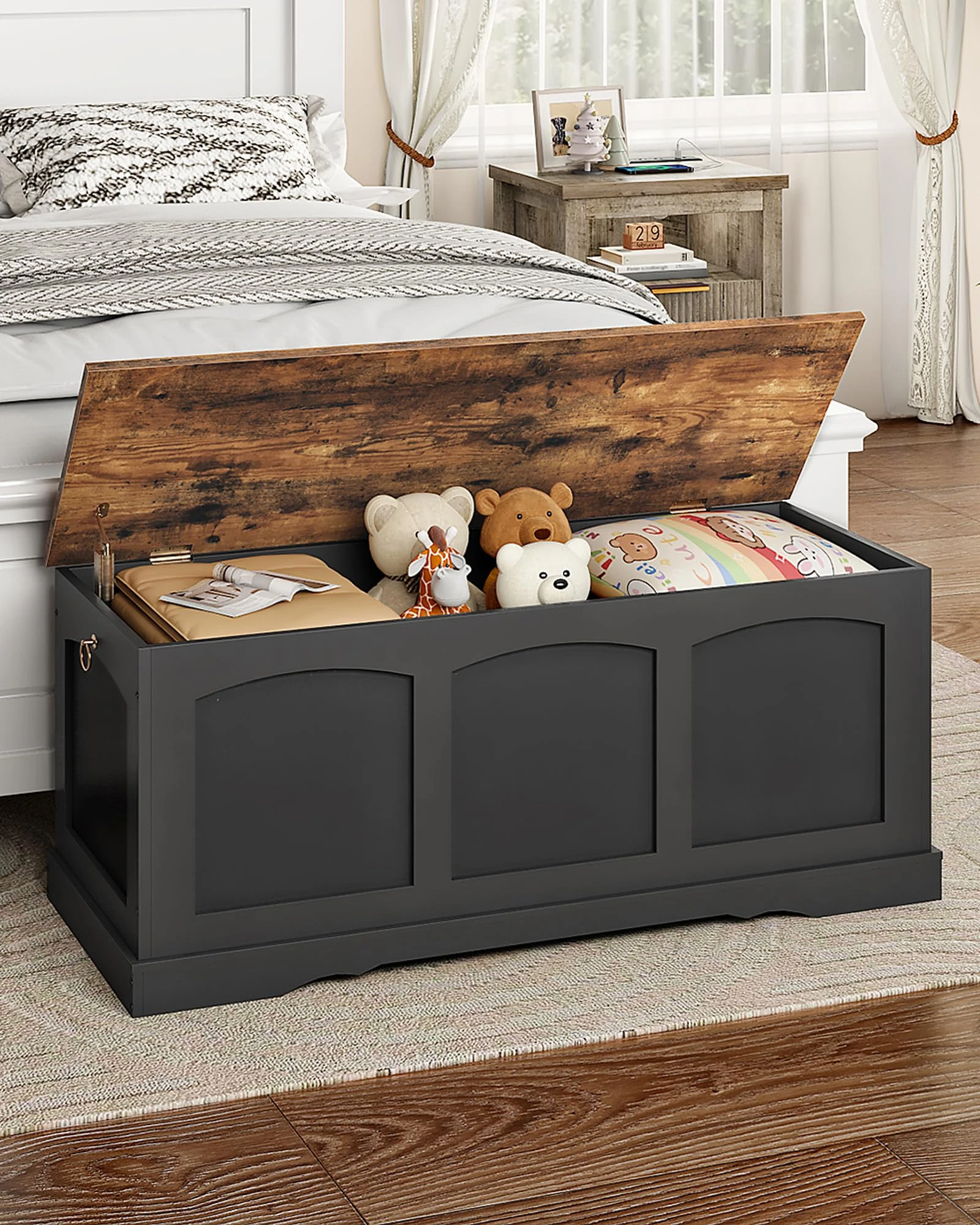 CHOEZON 39.4" Storage Chest Bench with Lift Lid, Toy Chest with Safety Hinge, Entryway Shoe Bench, Wooden Storage Trunk, Holds up to 220 lb, for Living Room, Bedroom, Black and Rustic Brown MCW12BF
