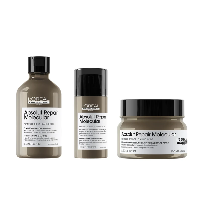 L’Oreal Professionnel Absolut Repair Molecular Sulphate Free Shampoo 300ml, Rinse-Off Mask & Leave-In Mask for Extremely Damaged Hair, Molecular Bond Repair, Restore Strength