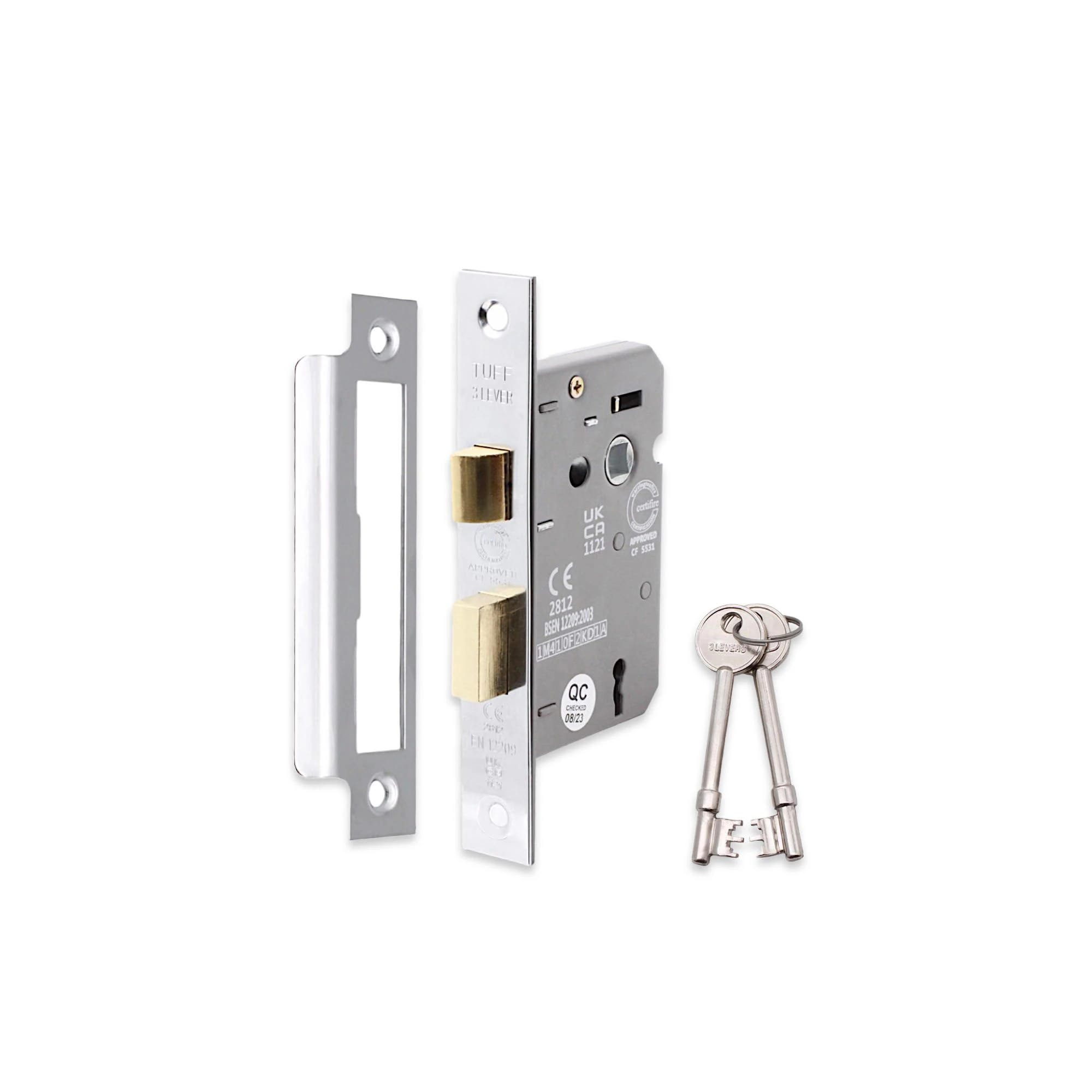 Infinity Decor Fire Rated Polished Nickel 3 Lever Mortice Sash Lock CE Approved Key Security Door Latch 65mm for Internal and External Doors