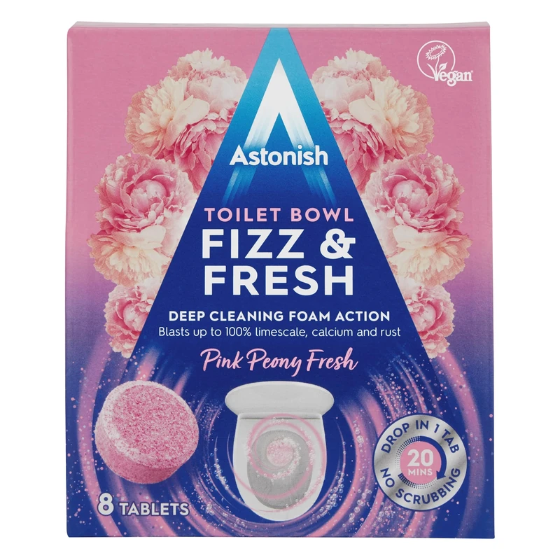 Astonish Toilet Bowl Fizz & Fresh Tablets, Deep Cleaning Foam Action, Removes Limescale Calcium & Rust, 8 Tablets, Pink Peony Fresh