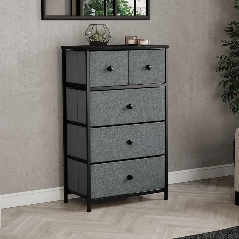 Vida Designs Chorley 5 Drawer Chest Of Drawers Fabric Storage Organizer Unit With Wood Top, Metal Frame & Handles - Ideal For Bedroom, Living Room, Nursery - Grey & Black (UKFR Certified)