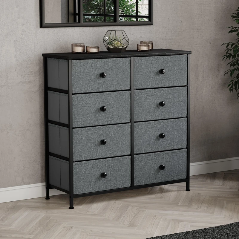 Vida Designs Chorley 8 Drawer Chest Of Drawers Fabric Storage Organizer Unit With Wood Top, Metal Frame & Handles - Ideal For Bedroom, Living Room, Nursery - Grey & Black (UKFR Certified)