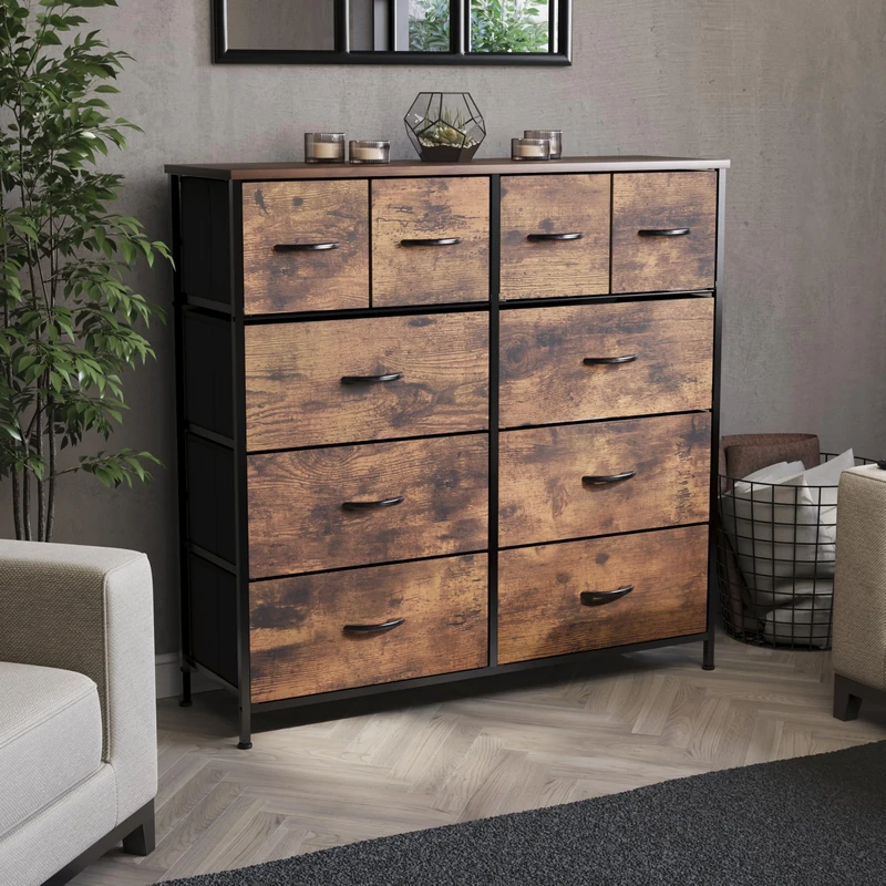 Vida Designs Chorley 10 Drawer Chest Of Drawers Fabric Storage Organizer Unit With Wood Top, Metal Frame & Handles - Ideal For Bedroom, Living Room, Nursery - Rustic Brown (UKFR Certified)