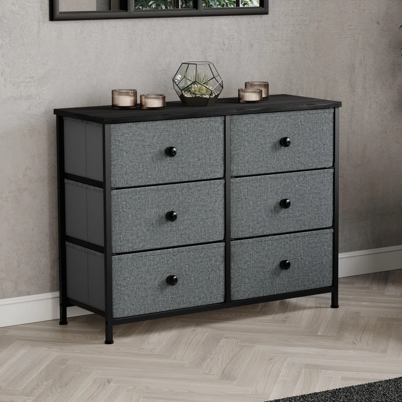 Vida Designs Chorley 6 Drawer Chest Of Drawers Fabric Storage Organizer Unit With Wood Top, Metal Frame & Handles - Ideal For Bedroom, Living Room, Nursery - Grey & Black (UKFR Certified)