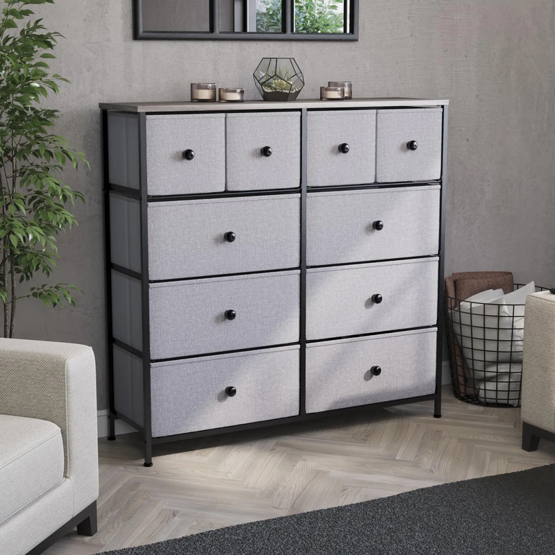 Vida Designs Chorley 10 Drawer Chest Of Drawers Fabric Storage Organizer Unit With Wood Top, Metal Frame & Handles - Ideal For Bedroom, Living Room, Nursery - Beige & Grey Wood (UKFR Certified)