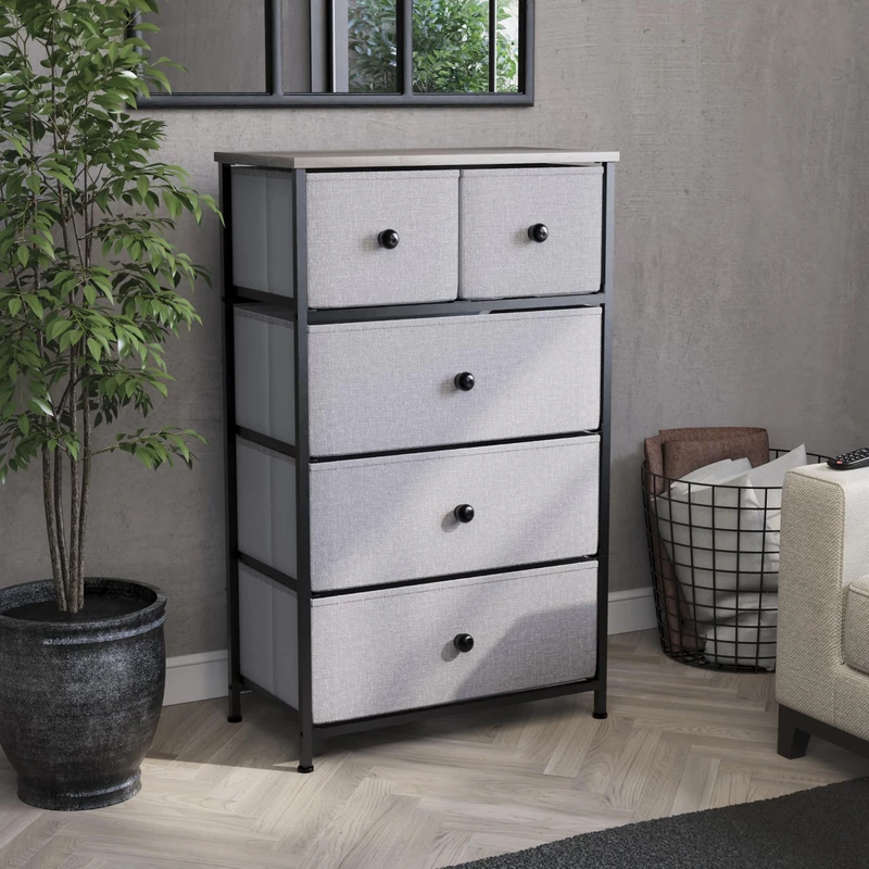 Vida Designs Chorley 5 Drawer Chest Of Drawers Fabric Storage Organizer Unit With Wood Top, Metal Frame & Handles - Ideal For Bedroom, Living Room, Nursery - Beige & Grey Wood (UKFR Certified)