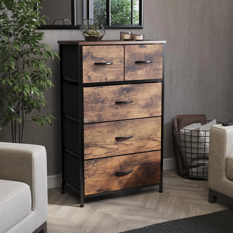 Vida Designs Chorley 5 Drawer Chest Of Drawers Fabric Storage Organizer Unit With Wood Top, Metal Frame & Handles - Ideal For Bedroom, Living Room, Nursery - Rustic Brown (UKFR Certified)