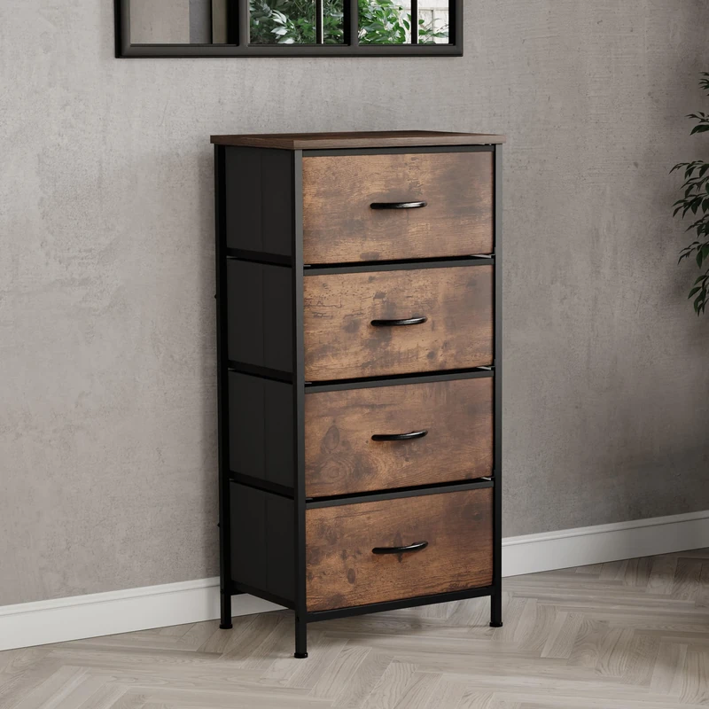 Vida Designs Chorley 4 Drawer Chest Of Drawers Fabric Storage Organizer Unit With Wood Top, Metal Frame & Handles - Ideal For Bedroom, Living Room, Nursery - Rustic Brown (UKFR Certified)