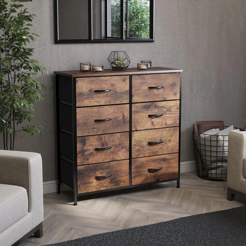 Vida Designs Chorley 8 Drawer Chest Of Drawers Fabric Storage Organizer Unit With Wood Top, Metal Frame & Handles - Ideal For Bedroom, Living Room, Nursery - Rustic Brown (UKFR Certified)