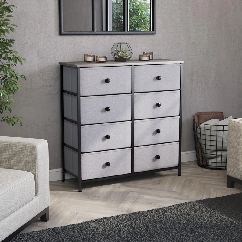 Vida Designs Chorley 8 Drawer Chest Of Drawers Fabric Storage Organizer Unit With Wood Top, Metal Frame & Handles - Ideal For Bedroom, Living Room, Nursery - Beige & Grey Wood (UKFR Certified)