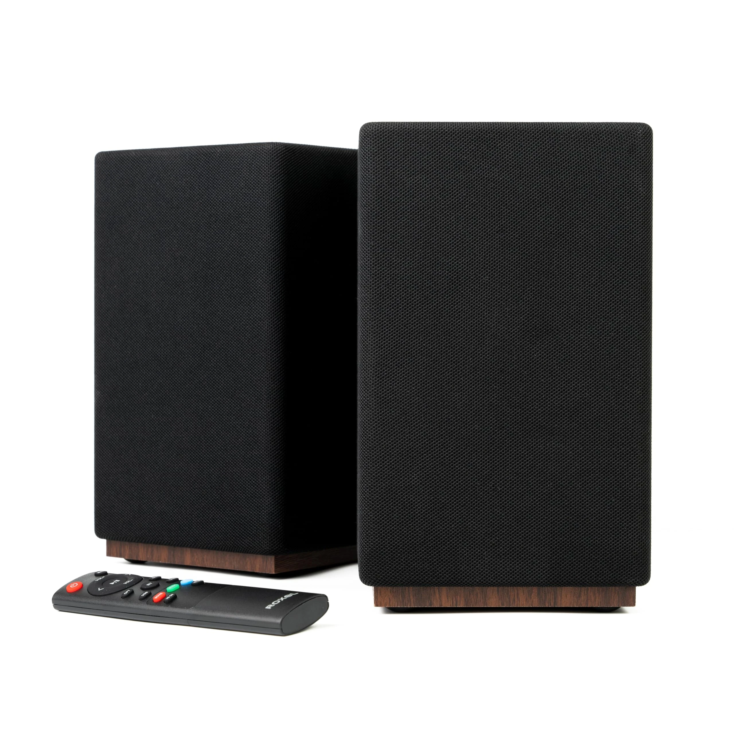 Roxel Infinity Active Bookshelf Speakers, 60W HiFi Stereo Sound, Wireless BT 5.3, HDMI ARC, USB, Optical, Adjustable Bass/Treble, Elegant Fabric Design, Black/Walnut Finish, 3 Metre Speaker Cable
