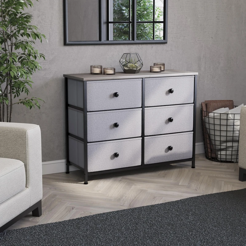 Vida Designs Chorley 6 Drawer Chest Of Drawers Fabric Storage Organizer Unit With Wood Top, Metal Frame & Handles - Ideal For Bedroom, Living Room, Nursery - Beige & Grey Wood (UKFR Certified)