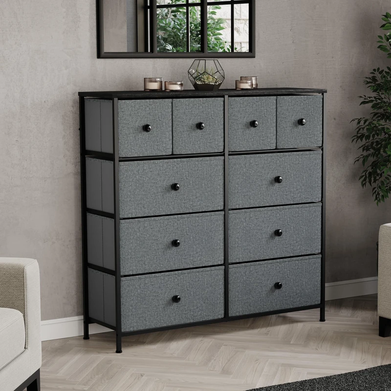 Vida Designs Chorley 10 Drawer Chest Of Drawers Fabric Storage Organizer Unit With Wood Top, Metal Frame & Handles - Ideal For Bedroom, Living Room, Nursery - Grey & Black (UKFR Certified)