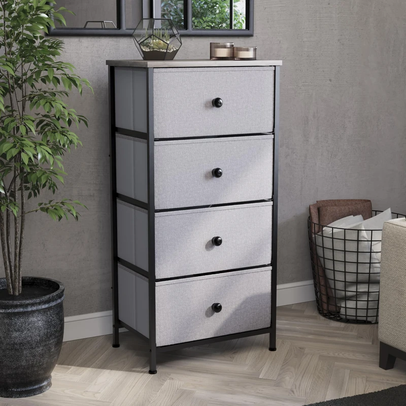 Vida Designs Chorley 4 Drawer Chest Of Drawers Fabric Storage Organizer Unit With Wood Top, Metal Frame & Handles - Ideal For Bedroom, Living Room, Nursery - Beige & Grey Wood (UKFR Certified)
