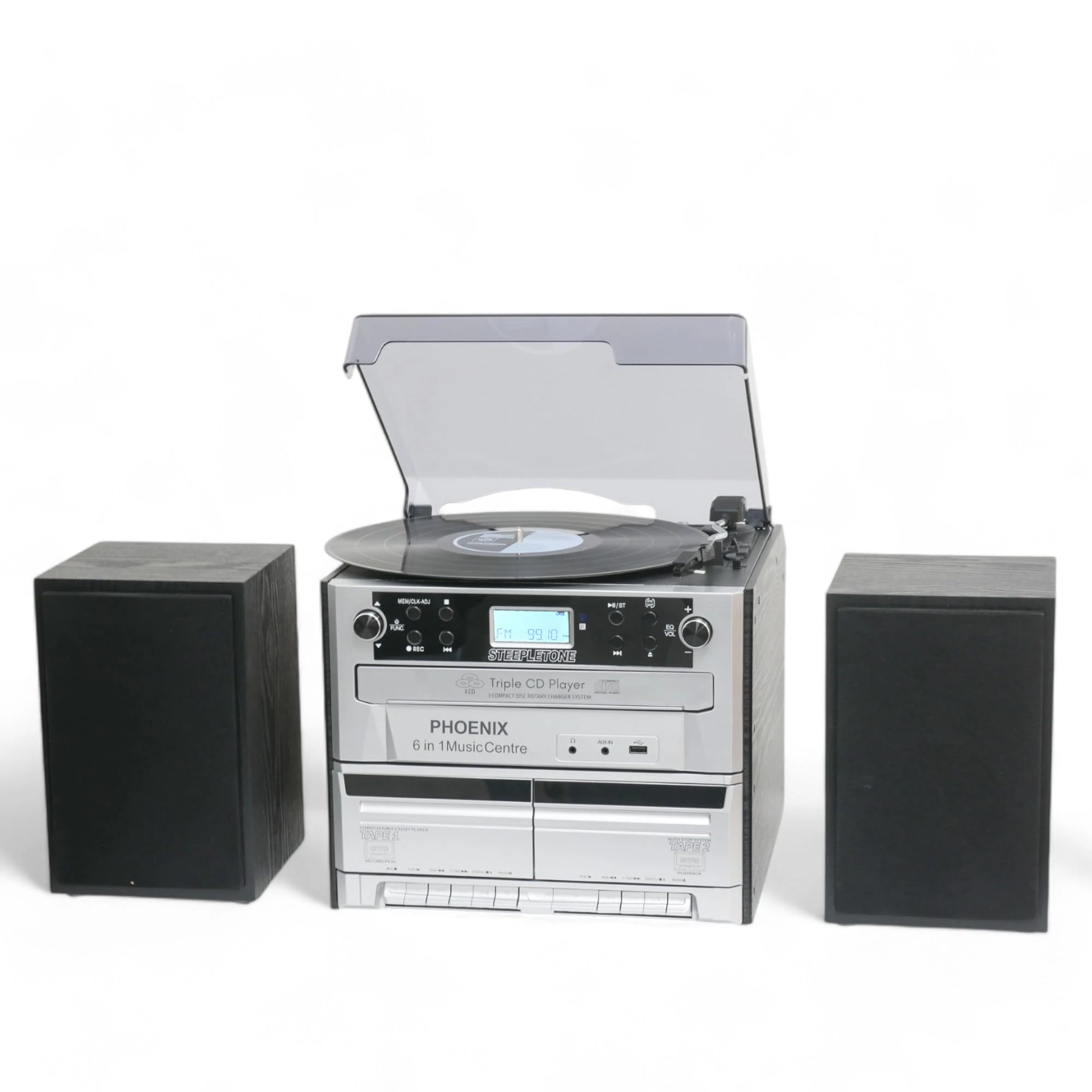 Steepletone PHOENIX 6 in 1 Music Centre High Speaker Volume, Triple CD Player, Vinyl Record Player, Twin Cassette, FM Radio and Bluetooth, MP3 playback Encoding, Remote Control, Stereo Speakers