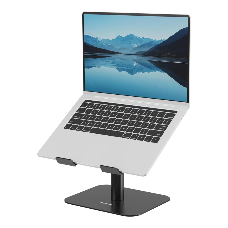 Fellowes Alumia™ Desk Based Laptop Stand – Black – Metal Height and Tilt Adjustable, Ergonomic Aluminium Space-Saving Riser for Home or Office Use, Made from Recycled Materials