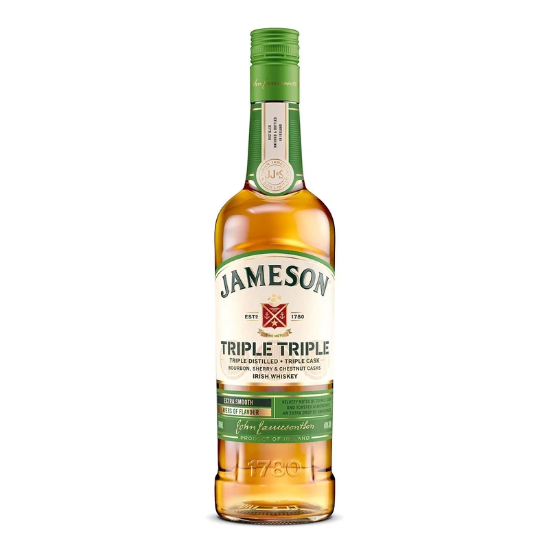 Jameson Triple Triple | Blended Irish Whiskey | Triple Distilled | Triple Cask Matured | Unique Blend of Bourbon, Sherry and Chestnut Casks | 40% ABV | 70cl | Toffee, Cocoa and Toasted Almond Notes